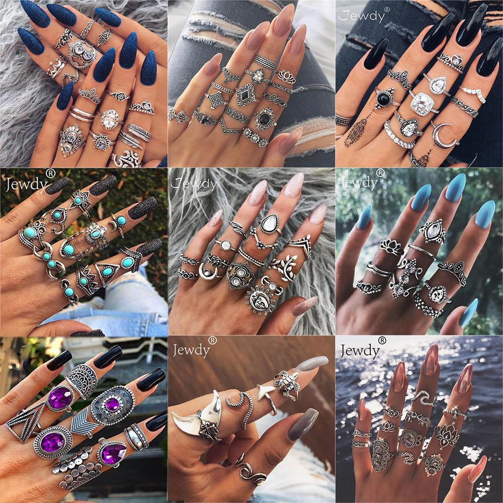 40 Styles Women Bohemian Vintage Crown Wave Flower Heart Lotus Star Leaf Crystal Opal Joint Ring Party Jewelry Silver Rings Set