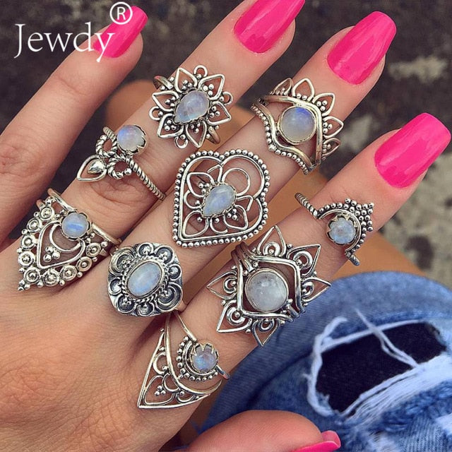 40 Styles Women Bohemian Vintage Crown Wave Flower Heart Lotus Star Leaf Crystal Opal Joint Ring Party Jewelry Silver Rings Set