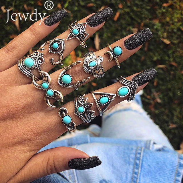 40 Styles Women Bohemian Vintage Crown Wave Flower Heart Lotus Star Leaf Crystal Opal Joint Ring Party Jewelry Silver Rings Set