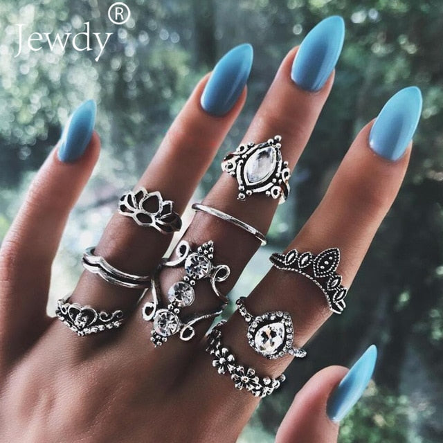 40 Styles Women Bohemian Vintage Crown Wave Flower Heart Lotus Star Leaf Crystal Opal Joint Ring Party Jewelry Silver Rings Set