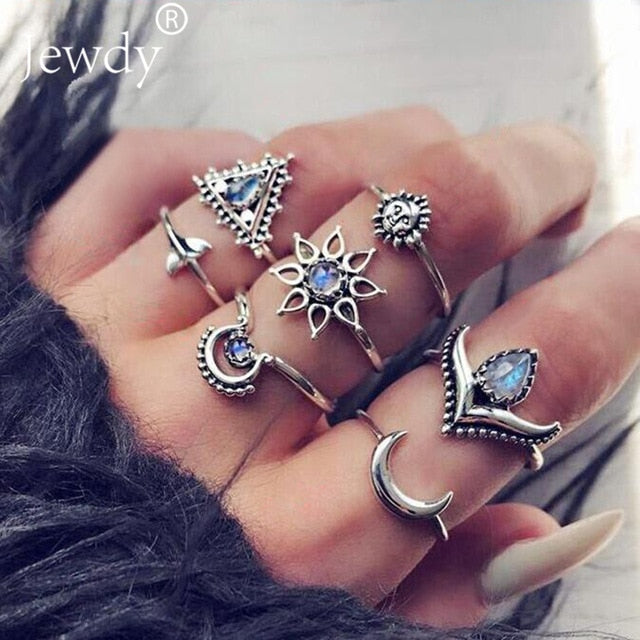 40 Styles Women Bohemian Vintage Crown Wave Flower Heart Lotus Star Leaf Crystal Opal Joint Ring Party Jewelry Silver Rings Set