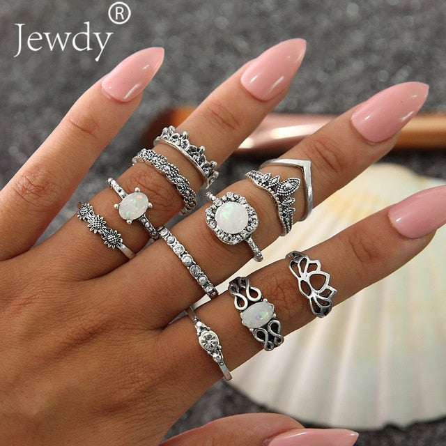 40 Styles Women Bohemian Vintage Crown Wave Flower Heart Lotus Star Leaf Crystal Opal Joint Ring Party Jewelry Silver Rings Set