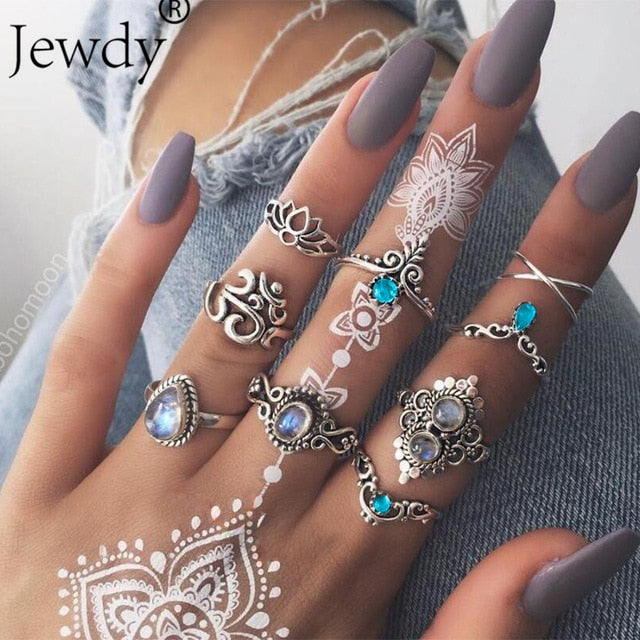 40 Styles Women Bohemian Vintage Crown Wave Flower Heart Lotus Star Leaf Crystal Opal Joint Ring Party Jewelry Silver Rings Set