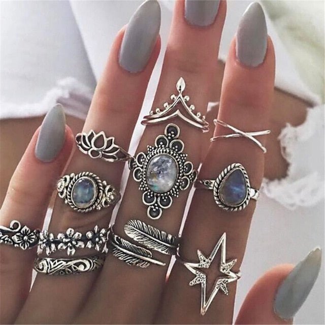 40 Styles Women Bohemian Vintage Crown Wave Flower Heart Lotus Star Leaf Crystal Opal Joint Ring Party Jewelry Silver Rings Set