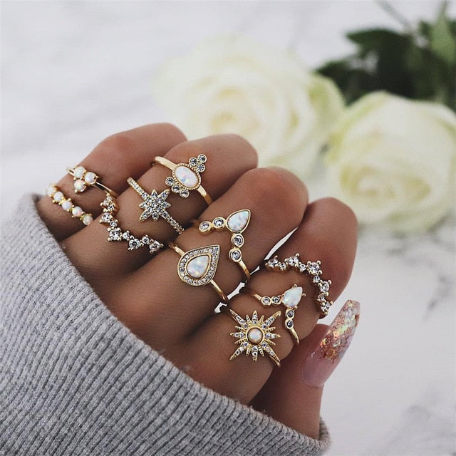 40 Styles Women Bohemian Vintage Crown Wave Flower Heart Lotus Star Leaf Crystal Opal Joint Ring Party Jewelry Silver Rings Set