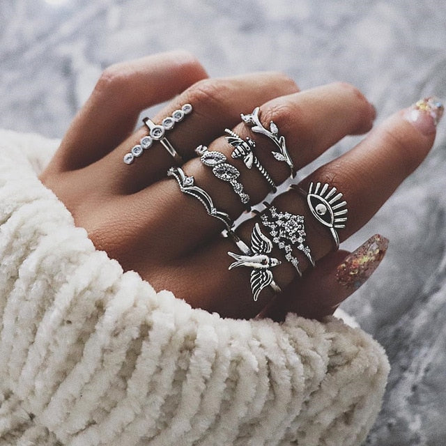 40 Styles Women Bohemian Vintage Crown Wave Flower Heart Lotus Star Leaf Crystal Opal Joint Ring Party Jewelry Silver Rings Set