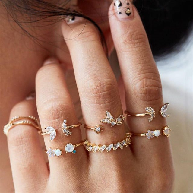 40 Styles Women Bohemian Vintage Crown Wave Flower Heart Lotus Star Leaf Crystal Opal Joint Ring Party Jewelry Silver Rings Set