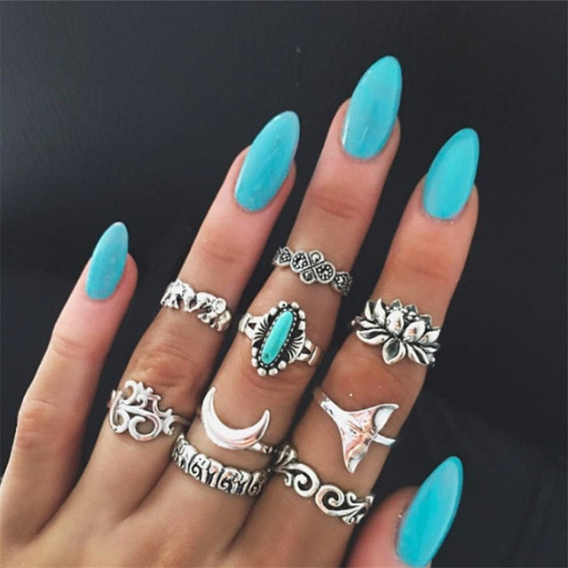 40 Styles Women Bohemian Vintage Crown Wave Flower Heart Lotus Star Leaf Crystal Opal Joint Ring Party Jewelry Silver Rings Set