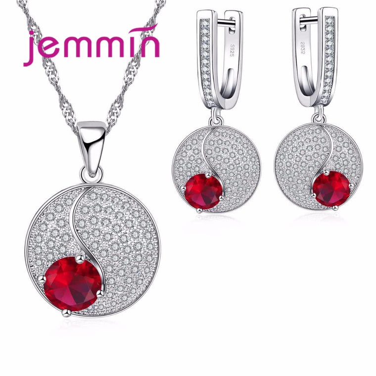 Simple Style Round 925 Sterling Silver Necklaces Earrings Jewelry Set With Fine Red Crystal For Women Lady Party