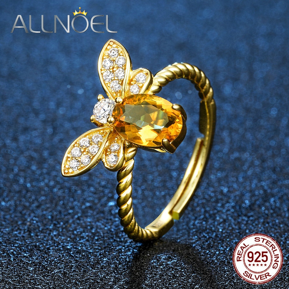 ALLNOELBee 5x7mm 1ct Natural Oval Citrine 925 Sterling Silver Jewelry Wedding Ring with 14K Gold Plated S925 Zircon Diamond Ring