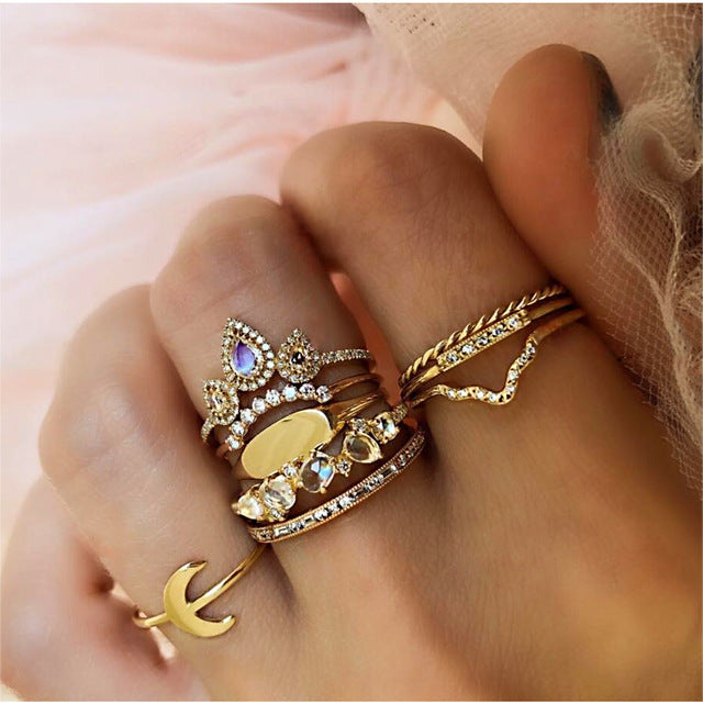 40 Styles Women Bohemian Vintage Crown Wave Flower Heart Lotus Star Leaf Crystal Opal Joint Ring Party Jewelry Silver Rings Set