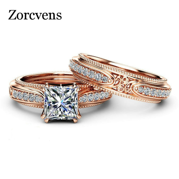 ZORCVENS 2019 New High Quality Rose Gold Color Hollow Vintage Ring Set AAA Square Cubic Zirconia Ring for Woman Dropshipping