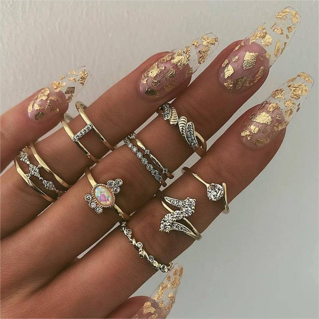 40 Styles Women Bohemian Vintage Crown Wave Flower Heart Lotus Star Leaf Crystal Opal Joint Ring Party Jewelry Silver Rings Set