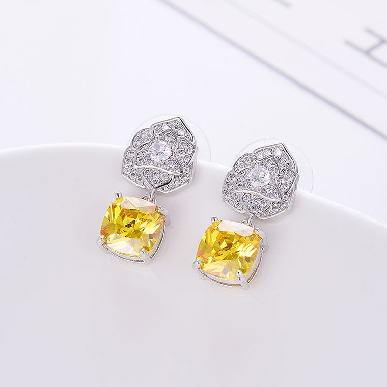 White/Red/Pink/Green/Yellow/Blue Crystal CZ Luxury Diamond Earrings Women Rose Camellia Flower Platinum Plated S925 Ear Pin Gift