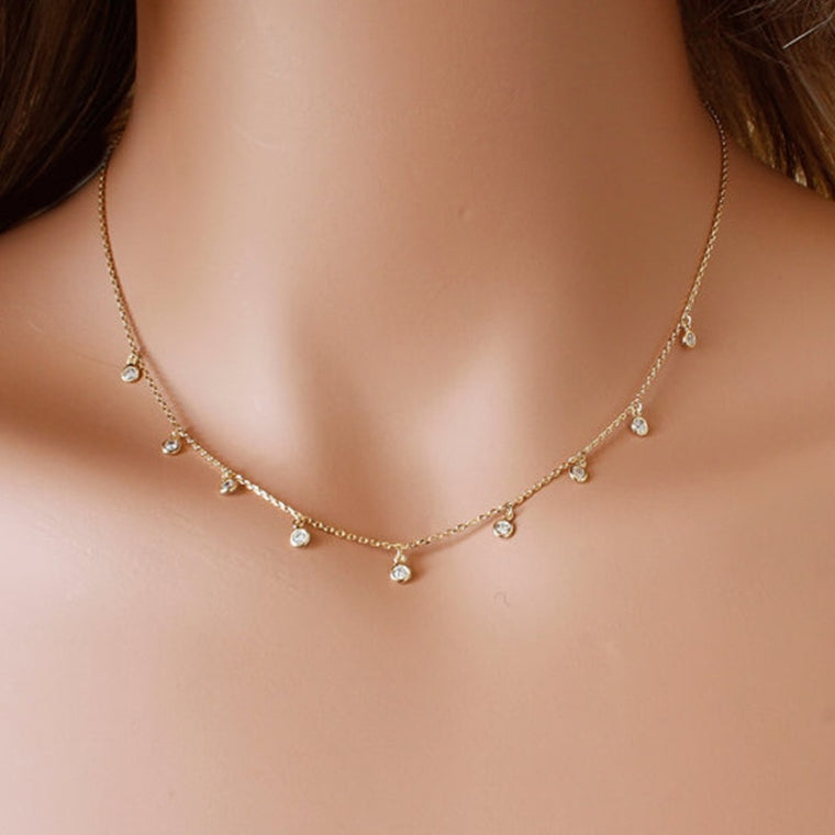 Long CZ Necklace, Dangling Simulated Diamonds by the Yard, Bezel CZ station necklace