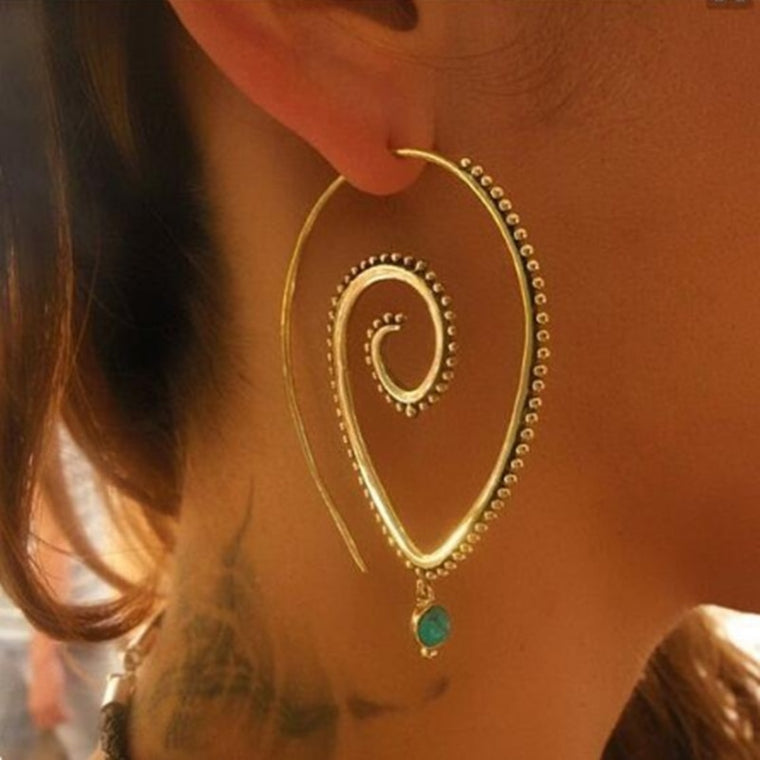 E0448 Bohemian Style Swirl Hoop Earring For Women Gold Color Big Circle Earring Vintage Crystal Party Accessories Ethnic Jewelry