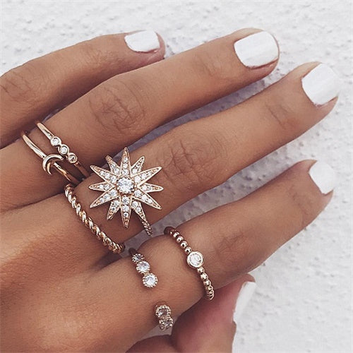 IPARAM Bohemian Vintage Gold Crescent Geometric Joint Ring Set for Women Crystal Personality Design Ring Set Party Jewelry Gift