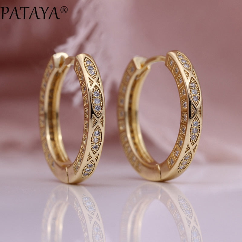 PATAYA New 585 Rose Gold Circle Drop Earrings Women Wedding Jewelry White Round Natural Zircon Luxury Fashion Retro Grid Earring