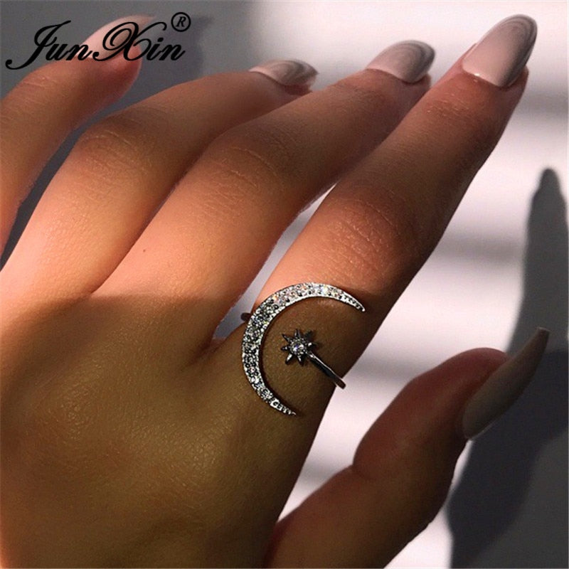 JUNXIN Boho Female Open Star Moon Rings For Women 925 Silver Rose Gold Filled Cute White Crystal Ring Staking Minimalist Jewelry