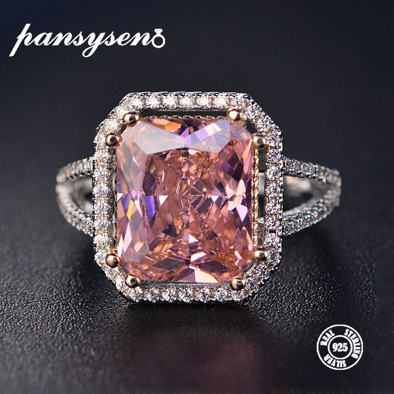 PANSYSEN 100% Solid 925 Silver Jewelry Rings For Women 10x12mm Pink Spinel Diamond Fine Jewelry Bridal Wedding Engagement Ring