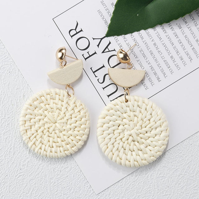 AENSOA Multiple 27 Style Korea Handmade Wooden Straw Weave Rattan Vine Braid Drop Earrings New Fashion Geometric Long Earrings