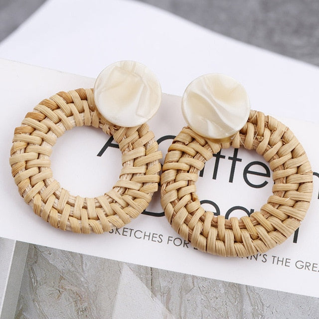 AENSOA Multiple 27 Style Korea Handmade Wooden Straw Weave Rattan Vine Braid Drop Earrings New Fashion Geometric Long Earrings