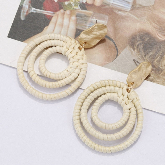 AENSOA Multiple 27 Style Korea Handmade Wooden Straw Weave Rattan Vine Braid Drop Earrings New Fashion Geometric Long Earrings