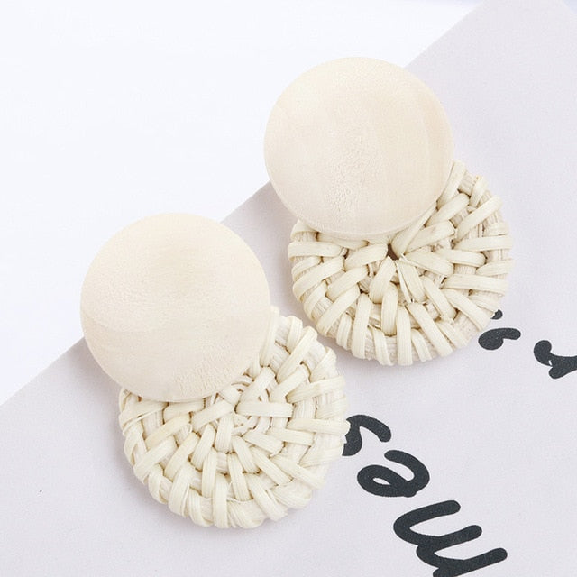 AENSOA Multiple 27 Style Korea Handmade Wooden Straw Weave Rattan Vine Braid Drop Earrings New Fashion Geometric Long Earrings