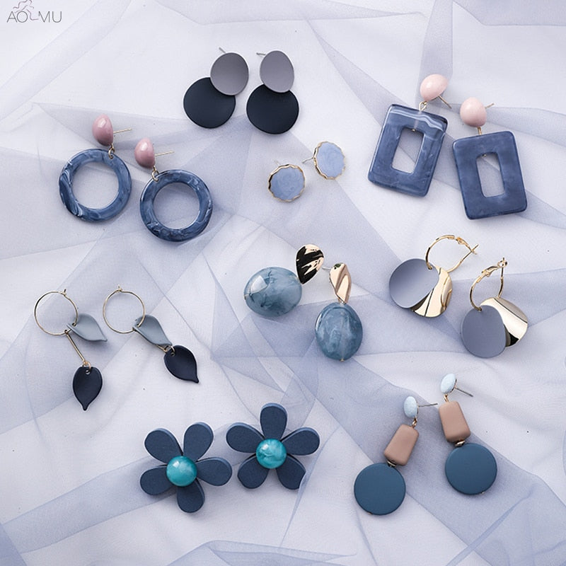 AOMU Korean Summer Blue Geometric Acrylic Irregular Hollow Circle Square Drop Earrings for Women Metal Bump Party Beach Jewelry