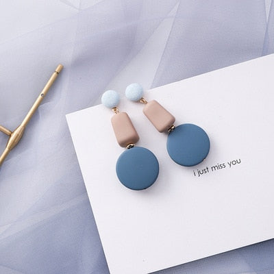 AOMU Korean Summer Blue Geometric Acrylic Irregular Hollow Circle Square Drop Earrings for Women Metal Bump Party Beach Jewelry