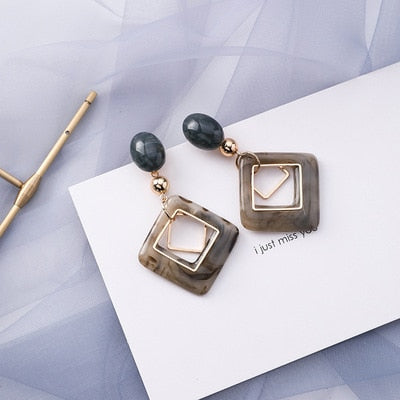 AOMU Korean Summer Blue Geometric Acrylic Irregular Hollow Circle Square Drop Earrings for Women Metal Bump Party Beach Jewelry