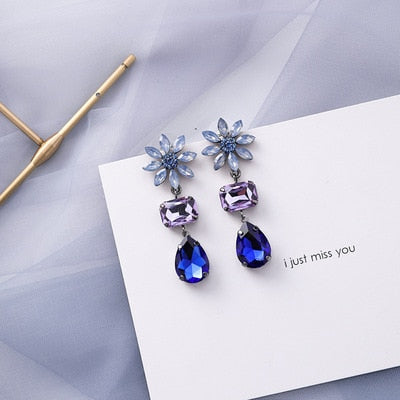 AOMU Korean Summer Blue Geometric Acrylic Irregular Hollow Circle Square Drop Earrings for Women Metal Bump Party Beach Jewelry