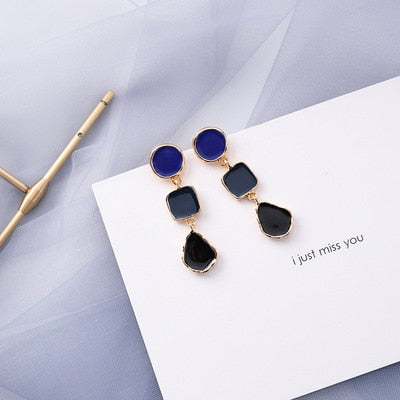 AOMU Korean Summer Blue Geometric Acrylic Irregular Hollow Circle Square Drop Earrings for Women Metal Bump Party Beach Jewelry