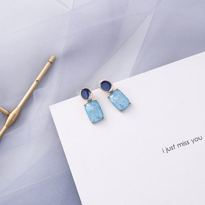 AOMU Korean Summer Blue Geometric Acrylic Irregular Hollow Circle Square Drop Earrings for Women Metal Bump Party Beach Jewelry